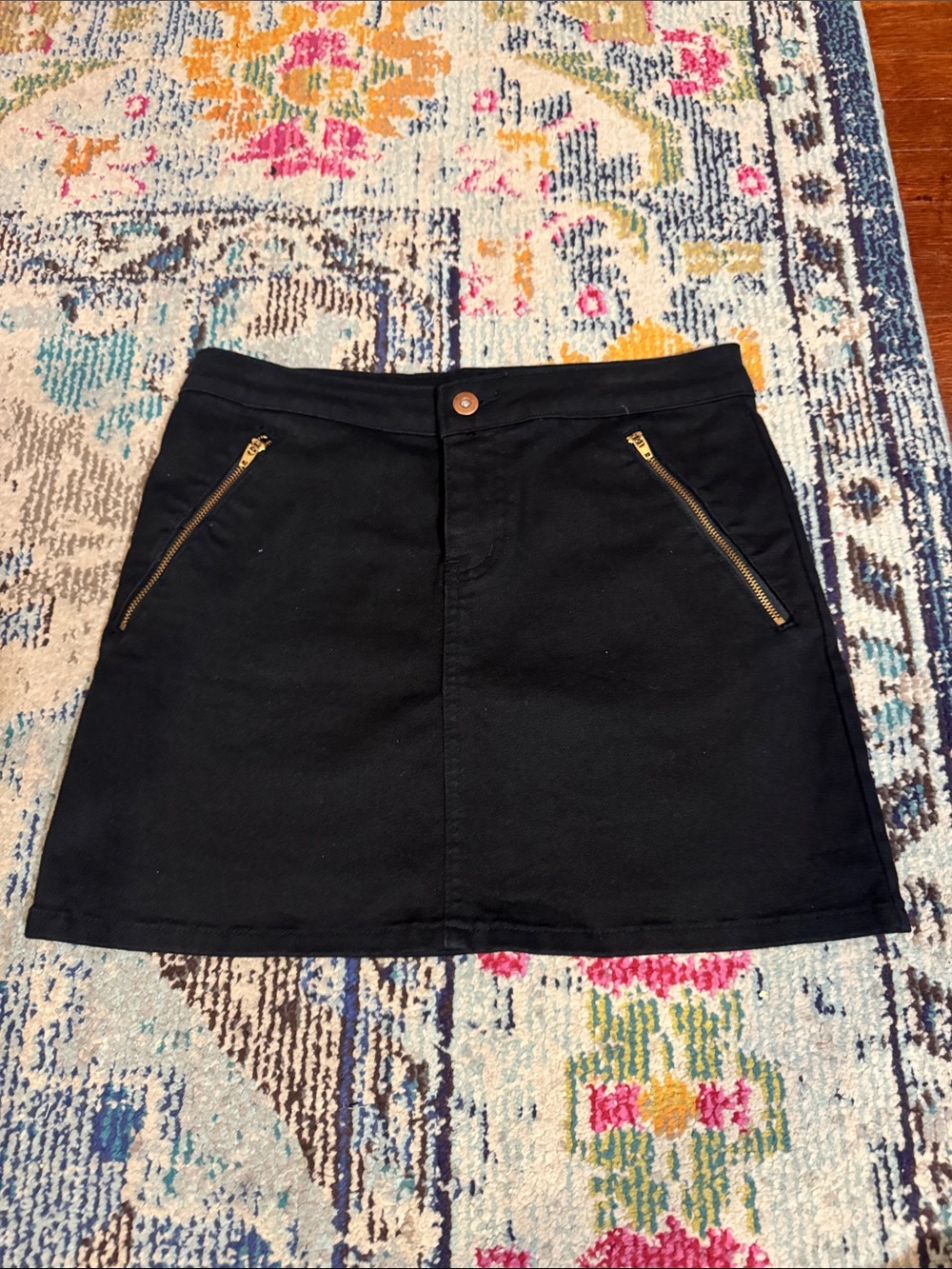 Black A-Line denim Skirt with Gold Zippers